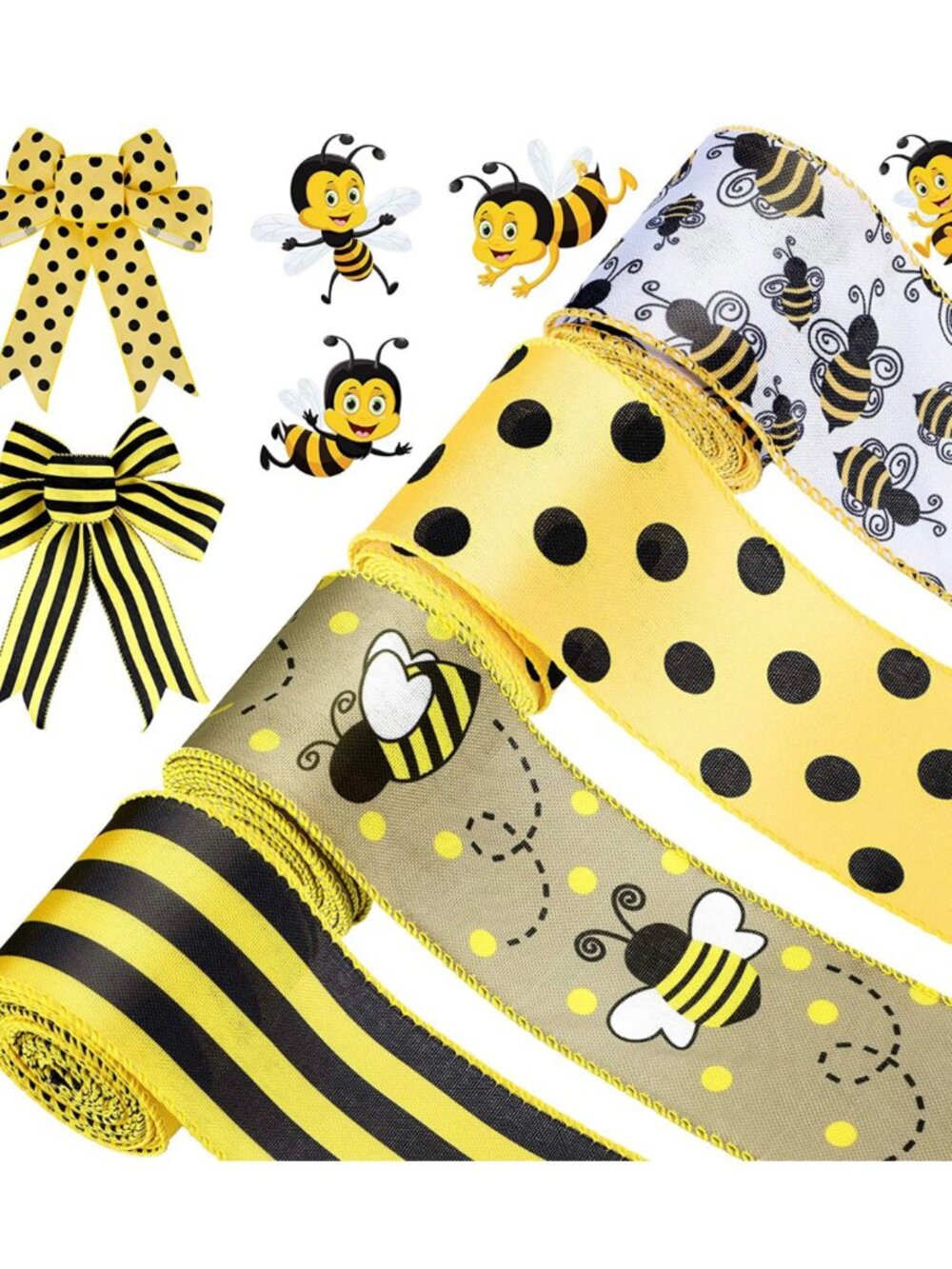 Bee Patterns Ribbon Bulk Bundle – 5 Sets / 20 Rolls Fabric Crafting Ribbon